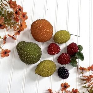 Vintage Beaded Pushpin Fruit Lot Pear Lemon Orange Sparkly Colorful Lot x8